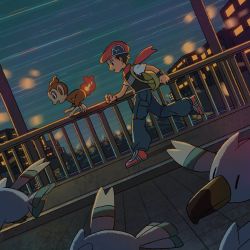 Rule 34 | 1boy, backpack, bag, black hair, building, chimchar, clenched hands, commentary, creatures (company), fence, fire, game freak, gen 3 pokemon, gen 4 pokemon, hat, lucas (pokemon), night, nintendo, nosutaal, open mouth, outdoors, pants, pokemon, pokemon (creature), pokemon dppt, red headwear, red scarf, running, scarf, shoes, short sleeves, wingull