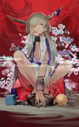 Rule 34 | 1girl, black footwear, blonde hair, blunt bangs, brown horns, brown nails, chain, cherry blossoms, clenched teeth, cube, cuffs, dragon, fangs, fingernails, hand on own cheek, hand on own face, haori, highres, horns, ibuki suika, japanese clothes, long hair, low-tied long hair, orb, platform clogs, platform footwear, pyramid (geometry), red background, red eyes, risui (suzu rks), shackles, sharp fingernails, shirt, solo, squatting, teeth, touhou, very long hair, white shirt