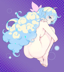 Rule 34 | + +, 1girl, artist name, ass, barefoot, blonde hair, blue eyes, blue hair, breast press, breasts, closed mouth, cross-shaped pupils, curly hair, fetal position, fogriver, from behind, halftone, halftone background, highres, long hair, looking at viewer, looking back, medium breasts, multicolored hair, nail polish, nia teppelin, nude, purple background, red nails, self hug, soles, solo, symbol-shaped pupils, tengen toppa gurren lagann, two-tone hair, very long hair