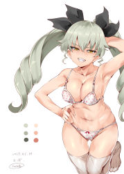 Rule 34 | 10s, 1girl, alternate eye color, anchovy (girls und panzer), blush, bra, breasts, cleavage, cowboy shot, curvy, dated, drill hair, girls und panzer, green hair, grin, half-closed eyes, hand on own hip, highres, kneeling, large breasts, long hair, looking at viewer, naughty face, nyuu (manekin-eko), panties, plump, shiny skin, simple background, smile, solo, standing, standing on one leg, thighhighs, twin drills, twintails, underwear, underwear only, white background, white thighhighs, yellow eyes