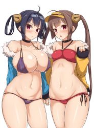 Rule 34 | &gt;:/, 2girls, :/, :o, ahoge, areola slip, arms behind back, azur lane, bikini, black hair, blush, breasts, brown hair, choker, collarbone, commentary request, covered erect nipples, cowboy shot, fur-trimmed jacket, fur trim, hair rings, holding hands, huge breasts, jacket, long hair, looking at viewer, multiple girls, navel, ning hai (azur lane), ning hai (summer hunger) (azur lane), off shoulder, ping hai (azur lane), ping hai (summer vacation) (azur lane), purple bikini, purple eyes, red bikini, simple background, skindentation, small breasts, stomach, swimsuit, twintails, v-shaped eyebrows, very long hair, visor cap, white background, yamaori