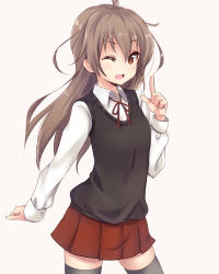 Rule 34 | 1girl, ;d, ahoge, amano kouki, black thighhighs, blush, borrowed character, brown background, brown eyes, brown hair, character request, collared shirt, fang, hair between eyes, hand up, highres, index finger raised, long hair, looking at viewer, one eye closed, open mouth, original, pleated skirt, red skirt, school uniform, shirt, simple background, skirt, smile, solo, sweater vest, thighhighs, very long hair, white shirt