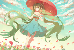Rule 34 | 1girl, absurdly long hair, breasts, dress, dutch angle, flower, green eyes, green hair, hatsune miku, highres, lan jue, long hair, matching hair/eyes, petals, small breasts, smile, solo, strapless, strapless dress, twintails, umbrella, very long hair, vocaloid
