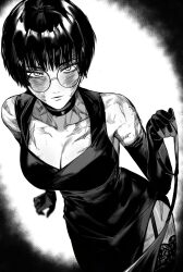 Rule 34 | 1girl, absurdres, alternate costume, bare shoulders, bob cut, breasts, cleavage, closed mouth, collarbone, commentary, dress, elbow gloves, english commentary, glasses, gloves, greyscale, highres, holding, holding leash, jujutsu kaisen, large breasts, leash, looking at viewer, masoq, medium breasts, monochrome, pov, round eyewear, scar, short hair, side slit, sleeveless, sleeveless dress, solo, thighhighs, viewer on leash, zen&#039;in maki