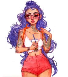 Rule 34 | 1girl, arm tattoo, arms up, blue hair, bracelet, bubble tea, commentary, crop top, cup, drinking glass, drinking straw, english commentary, fish, glasses, highres, holding, holding cup, jacquelin deleon, jewelry, long hair, mermaid, monster girl, nail polish, navel, neck tattoo, nose piercing, original, piercing, pink shorts, red nails, shirt, shorts, simple background, solo, stomach, tattoo, white background, white shirt