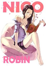 Rule 34 | 1girl, artist request, bean bag chair, black hair, blue eyes, book, bra, character name, disembodied hand, dress shirt, female focus, glasses, hana hana no mi, highres, long hair, multiple hands, nico robin, one piece, open book, petals, reading, shirt, short shorts, shorts, simple background, sitting, sleeves pushed up, tagme, underwear, undressing, white background