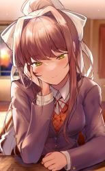 Rule 34 | 1girl, absurdres, arm rest, blazer, blush, bow, breasts, brown hair, brown jacket, clenched hand, closed mouth, collared shirt, commentary request, doki doki literature club, glitch, green eyes, hair bow, hair intakes, hand on own cheek, hand on own face, head rest, high ponytail, highres, indoors, jacket, long hair, long sleeves, looking at viewer, medium breasts, monika (doki doki literature club), ponytail, red vest, shirt, smile, solo, upper body, vest, white bow, white shirt, y o u k a
