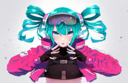 Rule 34 | absurdres, alternate hairstyle, angry, aqua eyes, aqua hair, blue gloves, blush, cropped jacket, drill hair, frilled gloves, frills, gloves, goggles, goggles on head, hatsune miku, headgear, highres, jacket, kasoku souchi, open clothes, open jacket, pink jacket, sidelocks, twin drills, twintails, upper body, v-shaped eyebrows, vocaloid