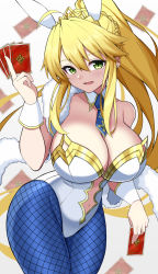 Rule 34 | 1girl, absurdres, ahoge, animal ears, artoria pendragon (all), artoria pendragon (fate), artoria pendragon (swimsuit ruler) (fate), between fingers, blonde hair, blue necktie, blue pantyhose, braid, breasts, card, cleavage, cowboy shot, detached collar, fake animal ears, fate/grand order, fate (series), female focus, fishnet pantyhose, fishnets, french braid, green eyes, hair between eyes, hand up, highleg, highleg leotard, highres, holding, holding card, imuzi, large breasts, leotard, long hair, looking at viewer, navel, necktie, open mouth, pantyhose, playboy bunny, ponytail, rabbit ears, short necktie, sidelocks, smile, solo, strapless, strapless leotard, tiara, very long hair, white background, white leotard, wrist cuffs