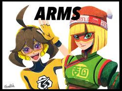 Rule 34 | 2girls, ahoge, arms (game), beanie, blonde hair, bodysuit, brown hair, chinese clothes, domino mask, facepaint, goggles, green eyes, hat, kuruto., looking at viewer, mask, mechanica (arms), min min (arms), multiple girls, purple eyes, short hair, smile
