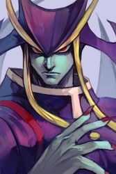 Rule 34 | 1boy, blue skin, capcom, closed mouth, colored skin, fingernails, grey background, hand up, helmet, hungry clicker, jedah dohma, looking at viewer, male focus, nail polish, red eyes, red nails, robe, serious, sharp fingernails, solo, vampire (game), wings