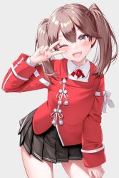 Rule 34 | 1girl, :d, armband, blush, brown eyes, brown hair, collared shirt, commentary, dress shirt, eyelashes, fang, frog button, hair between eyes, hand on own thigh, hand up, head tilt, jewelry, kantai collection, kirigakure (kirigakure tantei jimusho), layered shirt, leaning to the side, long hair, long sleeves, looking at viewer, necklace, one eye closed, open mouth, red shirt, ryuujou (kancolle), shirt, skin fang, smile, solo, tassel, toggles, twintails, v over eye, white armband, white shirt