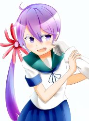 Rule 34 | akebono (kancolle), annoyed, arm grab, arm up, arms up, blue ribbon, blue skirt, blush, cheek pinching, cheek pull, fang, flower, gloves, hair between eyes, hair flower, hair intakes, hair ornament, hand on another&#039;s arm, hand up, highres, kantai collection, long hair, long sleeves, neck ribbon, neckerchief, open mouth, pinching, ponytail, purple eyes, purple hair, red flower, ribbon, school uniform, serafuku, short sleeves, simple background, skirt, teeth, very long hair, white background, white gloves, white sleeves, yigra don