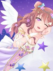 Rule 34 | 1girl, ;), absurdres, angel&#039;s lullaby (love live!), angel wings, arm garter, artist name, artist request, bare shoulders, blush, bow, bracelet, breasts, brown hair, cleavage, cloud, cloud hair ornament, collarbone, criss-cross halter, double bun, dress, female focus, flower, full moon, hair between eyes, hair bun, hair flower, hair ornament, hair rings, halterneck, highres, holding, holding pillow, jewelry, konoe kanata, leaf hair ornament, long hair, looking at viewer, love live!, love live! nijigasaki high school idol club, love live! school idol festival, love live! school idol festival all stars, medium breasts, miniskirt, moon, nail, nail polish, night, night sky, one eye closed, parted lips, pillow, pink nails, pink nails, plaid, plaid dress, plaid skirt, pleated, pleated dress, pleated skirt, purple bow, purple dress, purple eyes, purple skirt, purple sky, skirt, sky, smile, solo, star (sky), white wings, wing hair ornament, wings, wink