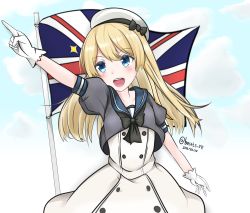 Rule 34 | 1girl, blonde hair, blue eyes, blue sailor collar, cloud, cloudy sky, commentary request, cowboy shot, dress, gloves, hamura, hat, jervis (kancolle), kantai collection, long hair, looking at viewer, open mouth, sailor collar, sailor dress, short sleeves, sky, smile, solo, union jack, white dress, white gloves, white hat
