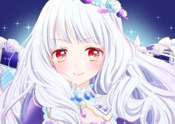 Rule 34 | 1girl, aikatsu! (series), aikatsu stars!, blue background, blush, detached collar, flower, hair flower, hair ornament, jewelry, long hair, looking at viewer, neck ring, necklace, portrait, red eyes, shirogane lily, smile, solo, sparkle, tiramisu651, white hair
