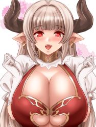 Rule 34 | 1girl, alicia (granblue fantasy), blunt bangs, breasts, cleavage, draph, earrings, gloves, granblue fantasy, horns, huge breasts, jewelry, long hair, open mouth, platinum blonde hair, pointy ears, puffy short sleeves, puffy sleeves, red eyes, short sleeves, smile, solo, suzuki sakura, very long hair