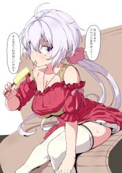Rule 34 | 1girl, :p, ahoge, breasts, cleavage, commentary request, dress, food, hair between eyes, hair ornament, hair scrunchie, holding, holding food, large breasts, long hair, looking at viewer, low twintails, pink ribbon, popsicle, purple eyes, red dress, red scrunchie, ribbon, scrunchie, senki zesshou symphogear, simple background, sitting, solo, speech bubble, sweat, thighhighs, thighs, tongue, tongue out, tottotonero, translation request, twintails, white background, white hair, white thighhighs, yukine chris