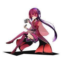 Rule 34 | 10s, 1girl, alpha transparency, bridal gauntlets, card, clammy zell, crossed legs, divine gate, full body, holding, holding card, long hair, neck ribbon, no game no life, official art, purple eyes, purple hair, purple skirt, purple thighhighs, ribbon, see-through, shadow, sidelocks, skirt, smile, solo, thighhighs, transparent background, ucmm, veil, yellow ribbon, zettai ryouiki