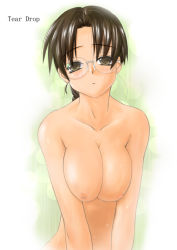 Rule 34 | 1girl, blush, breasts, breasts squeezed together, brown eyes, brown hair, completely nude, glasses, hoshina tomoko, looking at viewer, medium breasts, nipples, nude, solo, sweat, to heart, to heart (series), tsuina