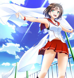 Rule 34 | 1girl, :d, armpits, bed sheet, black socks, blush, breasts, brown hair, cloud, contrail, day, from below, green eyes, highres, holding, kneehighs, looking away, medium breasts, navel, open mouth, original, outdoors, outstretched arms, pleated skirt, railing, red skirt, sailor collar, shirt, short hair, skirt, sky, sleeveless, sleeveless shirt, smile, socks, solo, spread arms, standing, suzuki-shi, white shirt