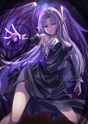 Rule 34 | 1girl, armpits, bare shoulders, black dress, breasts, commission, detached sleeves, dress, duel monster, feathered wings, feet out of frame, hand up, highres, long hair, magic, medium breasts, night wing sorceress, pointy ears, purple hair, shouma (bravespiritya), skeb commission, solo, wings, yu-gi-oh!