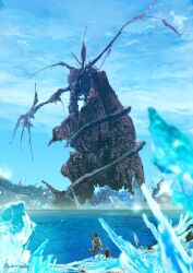 Rule 34 | 2others, blue sky, cloud, cloudy sky, creature, day, dragon, final fantasy, final fantasy xiv, giant, giant monster, glacier, highres, ice, multiple others, no humans, ocean, scenery, shore, sky, tower, yabuka shiwa