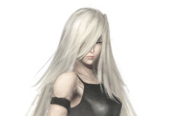 Rule 34 | 1girl, android, armlet, bare shoulders, black tank top, closed mouth, collarbone, grey eyes, highres, joints, long hair, nier (series), nier:automata, one eye covered, ricericebaby, robot joints, simple background, solo, tank top, white background, white hair, a2 (nier:automata)