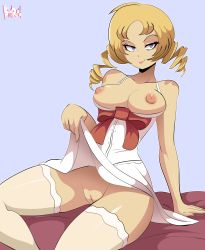 Rule 34 | 1girl, bigdead, blonde hair, blue eyes, breasts, catherine, catherine (game), choker, cleavage, cleft of venus, demon girl, drill hair, female focus, highres, lipstick, makeup, medium breasts, nipples, pussy, ribbon, sitting, solo, twin drills, twintails, uncensored