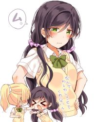 Rule 34 | &gt; &lt;, 2girls, ayase eli, blonde hair, blush, bow, bowtie, collared shirt, commentary request, green eyes, green neckwear, hair between eyes, hair ornament, hair scrunchie, hand on own hip, highres, long hair, looking at viewer, love live!, love live! school idol project, mogu (au1127), multiple girls, multiple views, otonokizaka school uniform, pink scrunchie, ponytail, pout, purple hair, pushing away, pushing face, school uniform, scrunchie, shirt, sweatdrop, sweater vest, tojo nozomi, twintails, wavy mouth, white background, white scrunchie, white shirt
