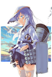 Rule 34 | 1girl, black skirt, blue eyes, cannon, cowboy shot, flat cap, hammer and sickle, hat, hibiki (kancolle), highres, kantai collection, long hair, pleated skirt, rigging, shirt, silver hair, skirt, smokestack, solo, standing, thighhighs, torn clothes, torn hat, torn shirt, torn skirt, torn thighhighs, torpedo tubes, turret, verniy (kancolle), white hat, white shirt, white thighhighs, yukiguni yuu
