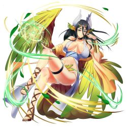 Rule 34 | 1girl, black hair, blue dress, breasts, closed mouth, covered erect nipples, crossed legs, dress, green wings, hair between eyes, hand up, huge breasts, invisible chair, kagiyama (clave), legband, long hair, looking at viewer, navel, original, panties, purple eyes, sandals, sash, simple background, sitting, smile, solo, thigh strap, underwear, white background, white panties, wings