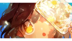 Rule 34 | 1girl, blue background, blush, brown hair, chou ji yun, close-up, flower, food, highres, holding, holding food, light particles, looking at object, open mouth, original, popsicle, signature, solo, sunlight, wind, wind lift, yellow eyes