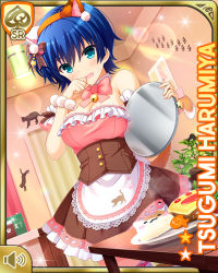 Rule 34 | 1girl, animal ears, apron, aqua eyes, blue hair, bow, bowtie, breasts, brown dress, card (medium), cat ears, cat girl, cat tail, character name, day, wrist cuffs, dress, fake animal ears, fake tail, girlfriend (kari), green eyes, harumiya tsugumi, indoors, looking at viewer, official art, open mouth, pink bow, qp:flapper, short hair, standing, surprised, tagme, tail, tomboy, white apron