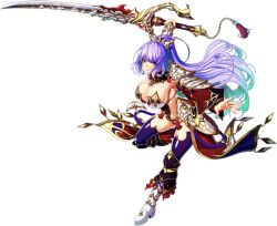 Rule 34 | 1girl, aqua hair, armor, breasts, cleavage, crown, eden&#039;s ritter grenze, gradient hair, greaves, high ponytail, holding, holding sword, holding weapon, huge breasts, light purple hair, long hair, multicolored hair, official art, ootachi, revealing clothes, ritter ushas, sword, tassel, thighhighs, weapon