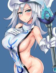 Rule 34 | 1girl, blue eyes, breasts, duel monster, gloves, hat, highres, large breasts, long hair, naked tabard, silent magician, silver hair, solo, tabard, wand, witch hat, wizard hat, ytrall, yu-gi-oh!, yuu-gi-ou, yu-gi-oh! duel monsters