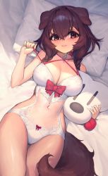 Rule 34 | 1girl, absurdres, animal ears, bare arms, bare shoulders, bed sheet, blush, bow, braid, breasts, brown hair, cleavage, collar, collarbone, covered navel, dekka, dog ears, dog girl, dog tail, hair between eyes, highres, hololive, inugami korone, large breasts, leotard, lingerie, long hair, looking at viewer, lying, on back, parted lips, pillow, pulled by self, red bow, red eyes, see-through, smile, solo, strap pull, stuffed animal, stuffed dog, stuffed toy, tail, thigh gap, thighs, twin braids, underwear, underwear only, virtual youtuber, white leotard