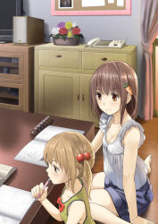 Rule 34 | 2girls, bad id, bad pixiv id, bare arms, barefoot, blonde hair, bow, breasts, brown eyes, brown hair, carrot, carrot hair ornament, cleavage, corded phone, denim, denim shorts, food-themed hair ornament, from side, hair bobbles, hair ornament, indoors, long hair, mechanical pencil, multiple girls, notebook, original, pencil, pencil case, phone, shorts, sitting, sleeveless, small breasts, table, twintails, wariza, yoropa