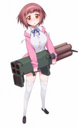 Rule 34 | 1girl, :o, blush, breasts, brown eyes, brown hair, bullet girls, bullet girls 2, full body, hairband, highres, holding, holding weapon, konoe kasumi, large breasts, loafers, long sleeves, official art, red eyes, ribbon, rocket launcher, shoes, short hair, simple background, solo, thighhighs, weapon, white background, white thighhighs