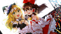 Rule 34 | 2girls, :d, absurdres, adapted costume, ankle cuffs, arm behind back, bare shoulders, blonde hair, blush, bow, braid, breasts, brown hair, cleavage, crowd, dancing, detached sleeves, dress, dutch angle, glowstick, hair bow, hair ribbon, hair tubes, hakurei reimu, hat, hat bow, high heels, highres, idol, kirisame marisa, large bow, long hair, looking at viewer, medium breasts, microphone, miniskirt, multiple girls, nekosugi (hoshi), off shoulder, open mouth, petticoat, red eyes, ribbon, ribbon-trimmed sleeves, ribbon trim, sash, side braid, single braid, skirt, smile, straight hair, touhou, wavy hair, witch hat, yellow eyes