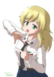 1girl absurdres anzio_school_uniform belt black_belt black_necktie blonde_hair blue_skirt carpaccio_(girls_und_panzer) commentary dated dress_shirt drops_mint emblem girls_und_panzer green_eyes highres index_fingers_together long_sleeves looking_at_viewer necktie open_mouth pleated_skirt school_uniform shirt simple_background skirt smile solo twitter_username upper_body white_background white_shirt wing_collar