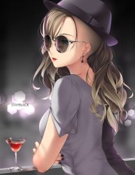 Rule 34 | 1girl, absurdres, alcohol, asymmetrical hair, black nails, black shirt, blue eyes, breasts, brown hair, cherry, city, city lights, earrings, fedora, food, from behind, fruit, grey shirt, hat, highres, jewelry, kopianget, light particles, lipstick, long hair, looking afar, makeup, nail polish, night, red lips, red lips, reflection, shaved head, shirt, short sleeves, solo, stacy (kopianget), stayblack, sunglasses, wine