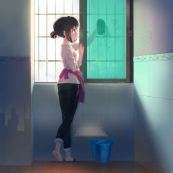 Rule 34 | 1girl, blue eyes, blush, bucket, cardigan, closed mouth, clothes around waist, day, feet, from side, hair bun, highres, indoors, jacket, jacket around waist, long sleeves, mianbaoshi mengxiang, no socks, original, pants, profile, red jacket, short hair, single hair bun, slippers, smile, solo, standing, washing, window