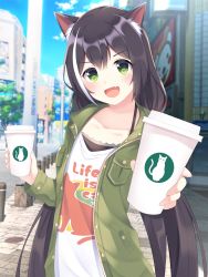 Rule 34 | 1girl, animal ear fluff, animal ears, animal print, black hair, blurry, blurry background, blush, cat ears, cat girl, cat print, city, coat, collarbone, commentary request, cup, day, disposable cup, fang, green eyes, highres, karyl (princess connect!), karyl (real) (princess connect!), long hair, long sleeves, looking at viewer, multicolored hair, open clothes, open coat, outdoors, princess connect!, skin fang, solo, streaked hair, very long hair, white hair, zeatto