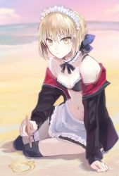Rule 34 | apron, artoria pendragon (alter swimsuit rider) (fate), artoria pendragon (alter swimsuit rider) (second ascension) (fate), artoria pendragon (fate), bikini, bikini top only, black bikini, black hair, black jacket, black ribbon, black skirt, blonde hair, blue bow, bow, breasts, choker, cleavage, fate/grand order, fate (series), frilled bikini, frilled bikini top, frills, garter straps, hair between eyes, hair bow, highres, holding, holding pen, jacket, looking at viewer, maid headdress, midriff, miniskirt, navel, neck ribbon, off shoulder, open clothes, open jacket, pen, ribbon, short hair, skirt, small breasts, stomach, swimsuit, thighhighs, tomozero, unzipped, white apron, yellow eyes