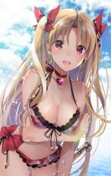 1girl ahoge akatsuki_hijiri arm_under_breasts bare_shoulders bikini blonde_hair bow breasts choker cleavage cloud cloudy_sky commentary_request cowboy_shot earrings ereshkigal_(fate) fate/grand_order fate_(series) front-tie_top hair_ribbon halterneck highres jewelry large_breasts long_hair looking_at_viewer navel open_mouth parted_bangs red_bow red_eyes ribbon side-tie_bikini_bottom sky solo swimsuit two_side_up very_long_hair water_drop