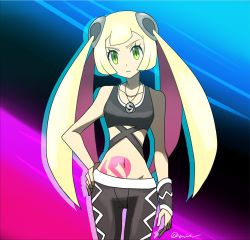 Rule 34 | 1girl, bad id, bad twitter id, black pants, blonde hair, cosplay, creatures (company), game freak, green eyes, hand on own hip, highres, jewelry, kuroi paseri, lillie (pokemon), long hair, midriff, necklace, nintendo, official style, pants, plumeria (pokemon), plumeria (pokemon) (cosplay), pokemon, pokemon sm, pubic tattoo, skull necklace, sleeveless, solo, stomach tattoo, tattoo, team skull, twintails