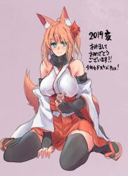 Rule 34 | 1girl, 2019, animal ears, aqua eyes, bare shoulders, breasts, detached sleeves, elbow gloves, fingerless gloves, fox ears, fox girl, fox tail, gloves, hair ornament, holding, japanese clothes, miniskirt, nontraditional miko, original, red skirt, sandals, sawaya (mizukazu), scarf, simple background, sitting, skirt, solo, tail, thighhighs, wariza, wide sleeves