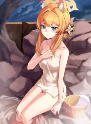 Rule 34 | 1girl, absurdres, animal ear fluff, animal ears, blue archive, blush, breasts, closed mouth, collarbone, feet out of frame, flower, hair flower, hair ornament, halo, highres, long hair, mari (blue archive), naked towel, onsen, orange hair, setakman, small breasts, smile, solo, towel, twitter username, water, white flower, white towel, yellow halo