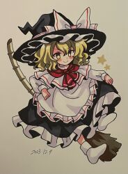 Rule 34 | 1girl, apron, ascot, black footwear, black skirt, blonde hair, bow, broom, broom riding, capelet, dated, frilled skirt, frills, furiba 794, hat, hat bow, highres, kirisame marisa, long sleeves, no shoes, red ascot, shirt, skirt, socks, solo, touhou, traditional media, white apron, white bow, white capelet, white shirt, white socks, witch hat, yellow eyes